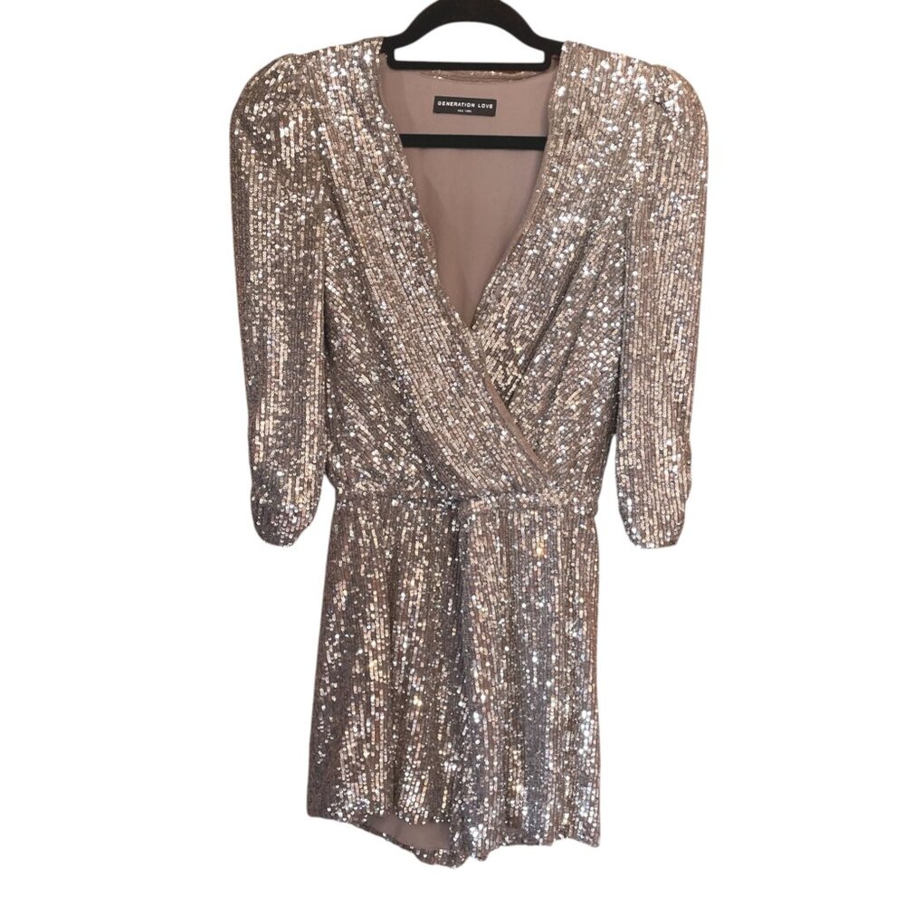 Revolve X Generation Love Allegra SILVER Sequin Faux Wrap Romper SZ S 70s Retro